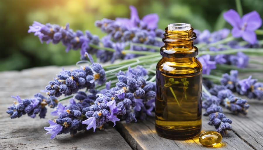 CBD oil dropper with lavender sprigs and meditation stones on a peaceful background