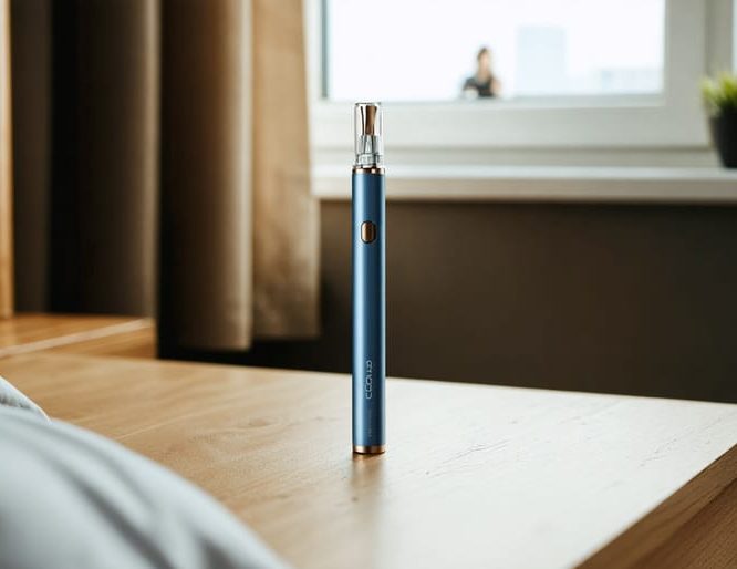 Close-up of an unbranded THCa vape pen with clear cartridge on a wooden nightstand, with a softly blurred couple holding hands near a window in the background under natural light.