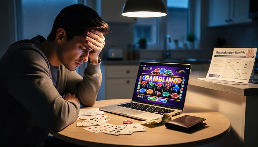 Stressed person at laptop late at night showing signs of fatigue and worry