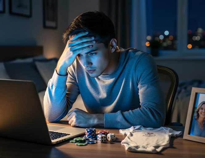 Stressed adult at a laptop at night, cool screen light on their face, with plain poker chips, dice, a small baby onesie, and a framed couple photo on the desk; blurred bedroom and night city lights in the background.