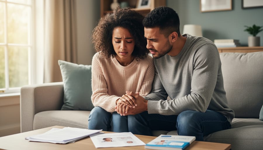 Couple sitting together on couch in supportive embrace during their infertility journey