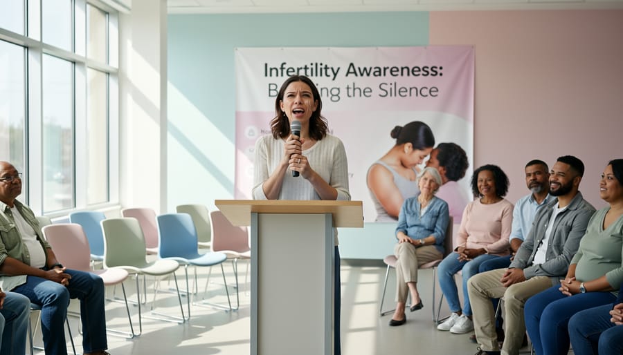 Woman speaking publicly about infertility awareness at community event