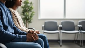 Eye-level close-up of two adults with different skin tones sitting side by side in a clinic waiting room, hands gently intertwined, with soft daylight and blurred chairs and a plant in the background, conveying empathy and support.