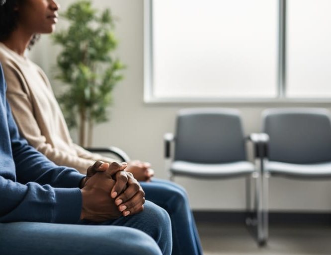 Eye-level close-up of two adults with different skin tones sitting side by side in a clinic waiting room, hands gently intertwined, with soft daylight and blurred chairs and a plant in the background, conveying empathy and support.