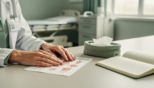 Person’s hands resting on a neutral medical desk next to a blank anatomical reference card, conveying supportive learning about the female reproductive tract.
