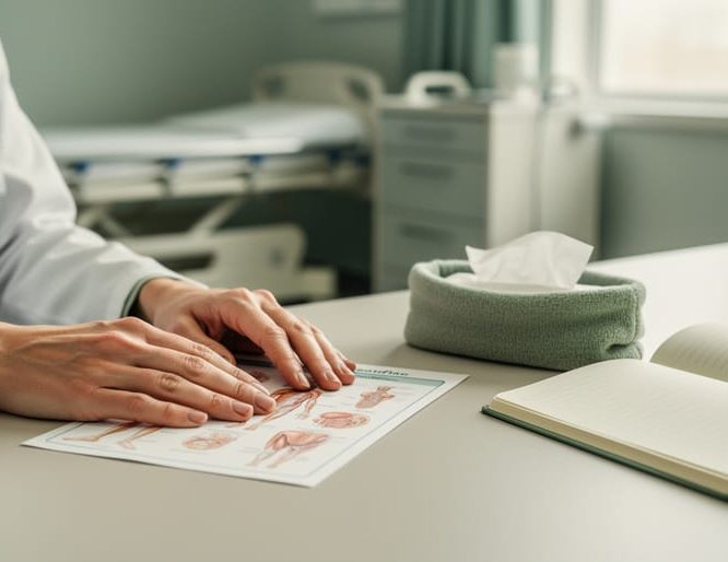 Person’s hands resting on a neutral medical desk next to a blank anatomical reference card, conveying supportive learning about the female reproductive tract.