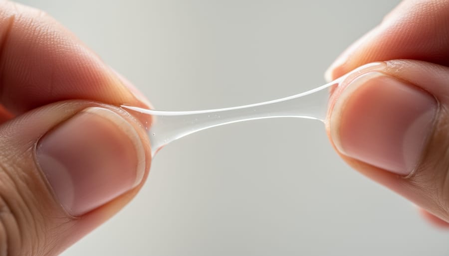 Close-up of a pipette dispensing a clear droplet forming a stretched bead