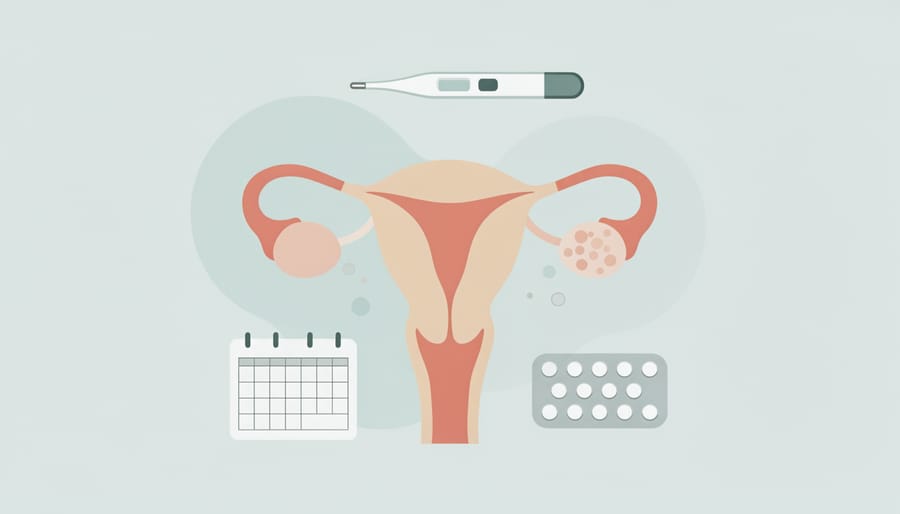 Abstract biomedical models representing ovaries on a white medical tray with medical accessories in soft focus