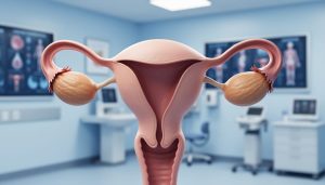 Clinical non-graphic depiction of the ovaries beside the uterus, illustrating where eggs are produced in the female reproductive system.