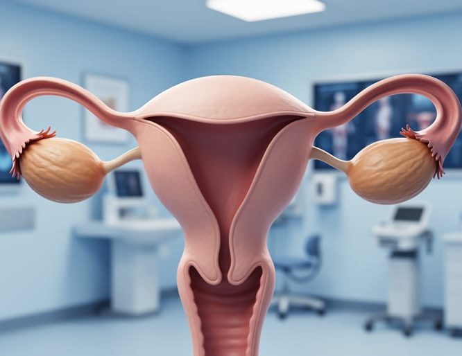 Clinical non-graphic depiction of the ovaries beside the uterus, illustrating where eggs are produced in the female reproductive system.