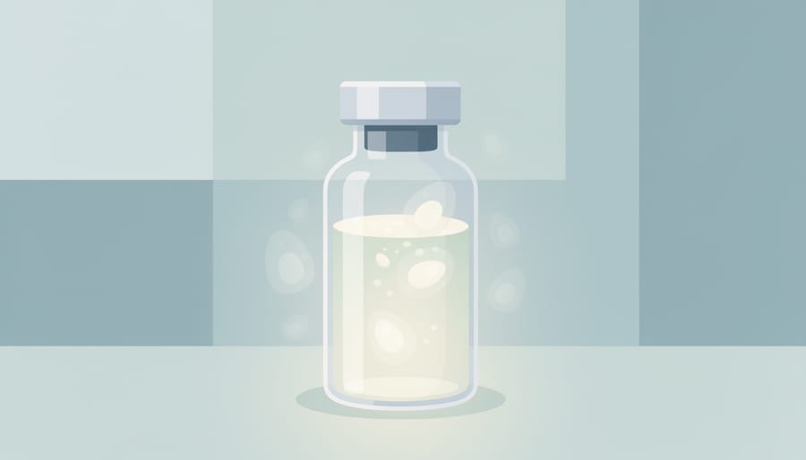 Hand holding a small glass vial in a softly lit medical environment