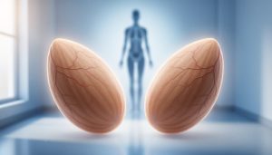 Close-up view of two almond-shaped ovaries highlighted in a clean medical-themed background to represent fertility and reproductive function.