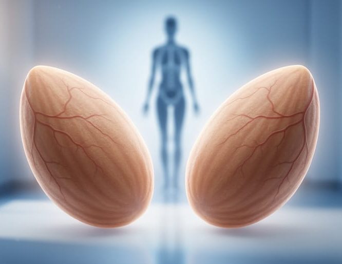 Close-up view of two almond-shaped ovaries highlighted in a clean medical-themed background to represent fertility and reproductive function.