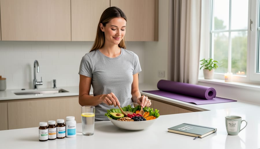 Woman holding a supplement bottle and warm mug near a window with green plants in soft focus