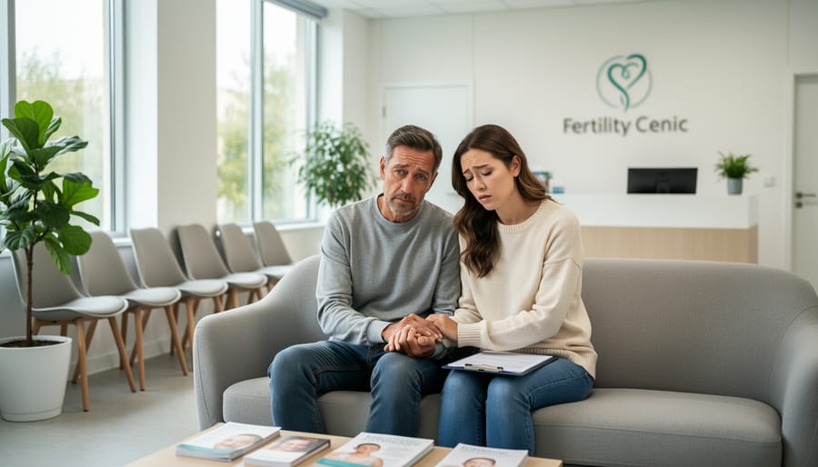 Couple holding hands in a softly lit fertility clinic waiting area