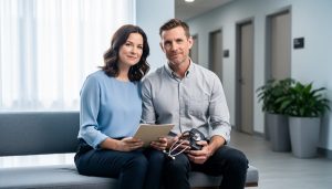 Couple sitting together in a fertility clinic reception area, holding paperwork while preparing for infertility treatment.