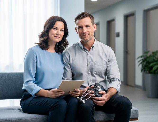 Couple sitting together in a fertility clinic reception area, holding paperwork while preparing for infertility treatment.