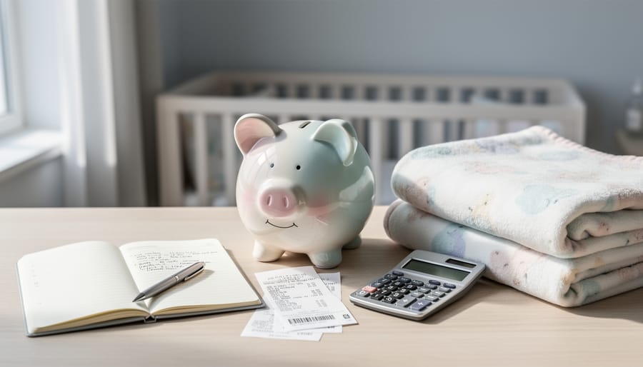 Piggy bank with calculator and folded baby blanket on a couch cushion