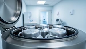 Close-up of a cryopreservation tank with canisters in a clean fertility clinic environment, representing stored embryos and thoughtful decision options.