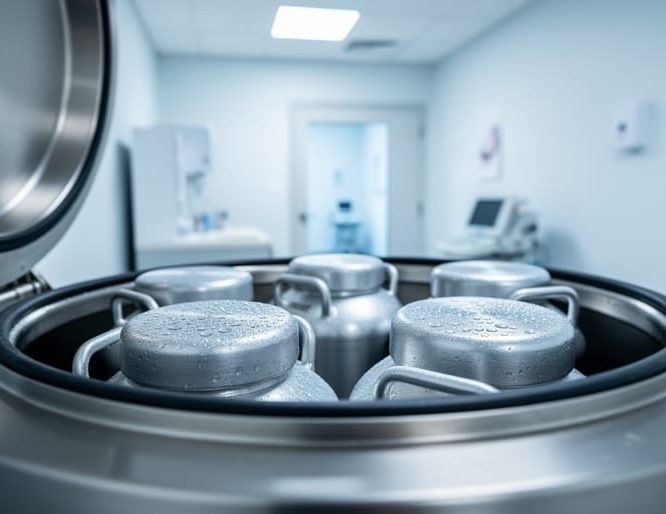 Close-up of a cryopreservation tank with canisters in a clean fertility clinic environment, representing stored embryos and thoughtful decision options.