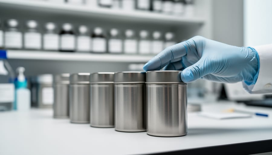 Close-up of a sealed cryostorage dewar container with visible frost in a laboratory