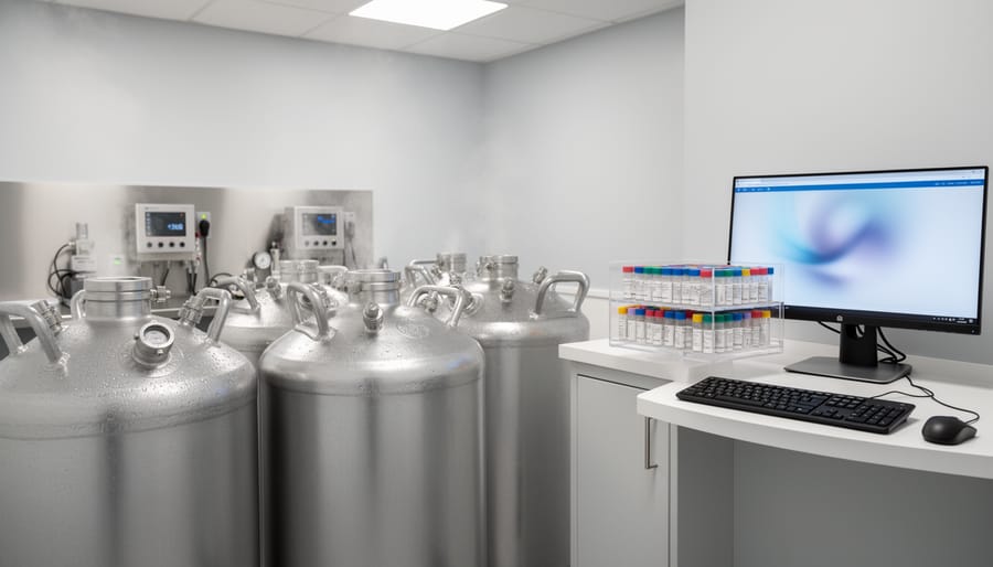 Gloved hand holding a cryostorage straw canister in a fertility clinic laboratory