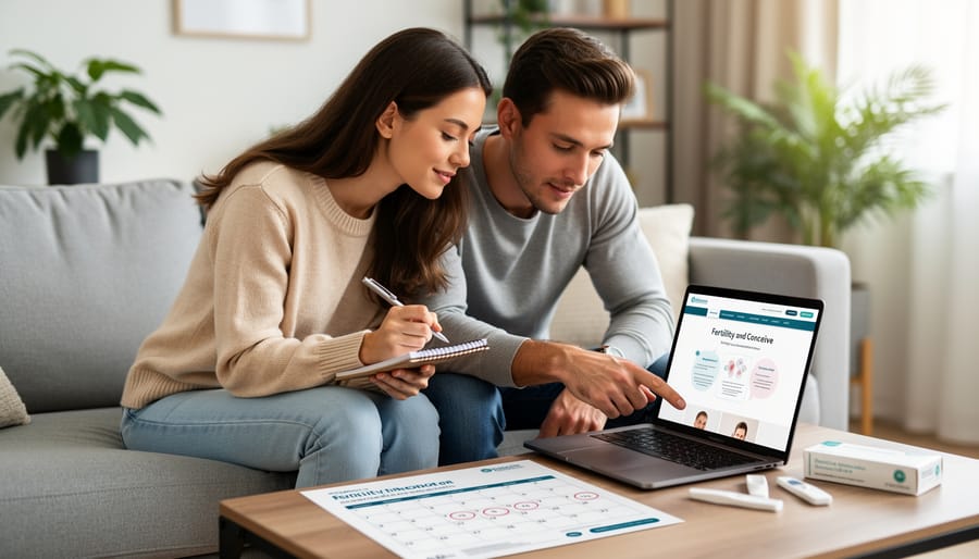 A couple sitting at a kitchen table in soft natural light, calmly looking toward the future while discussing family planning.