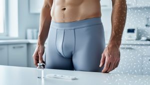 Man in neutral athletic wear with medical science elements in a clean, softly lit setting suggesting male fertility and reproductive health.