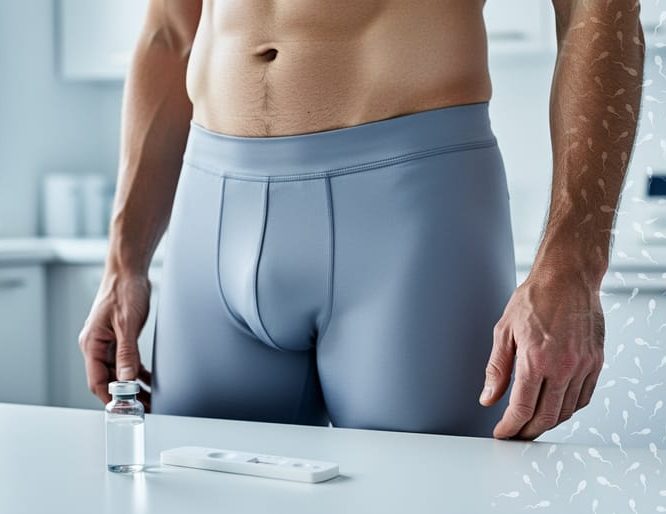 Man in neutral athletic wear with medical science elements in a clean, softly lit setting suggesting male fertility and reproductive health.