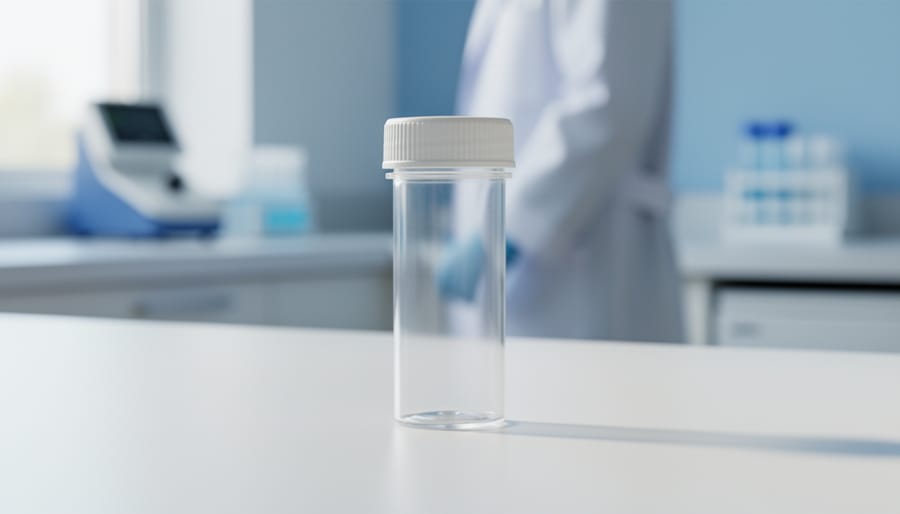Gloved hands holding a small sterile container with a subtle droplet inside against a clean clinical background.